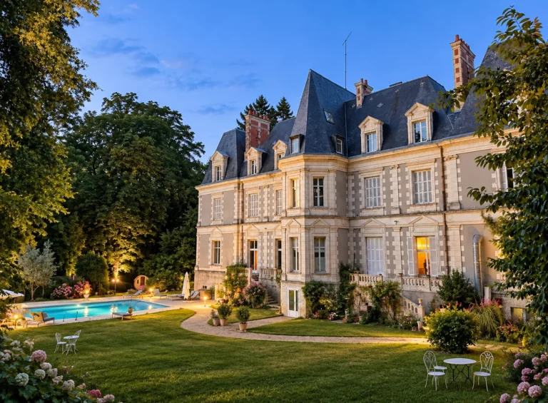 Le Château de Saint-Bohaire et sa piscine au crépuscule